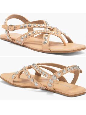 Jeffrey Campbell Xanthe Flat SANDALS Size 7 Slingback Studs Beige Leather NEW